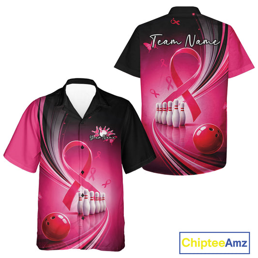 Front and back button-up bowling shirt mockup in black and pink with breast cancer awareness ribbons and bowling graphics