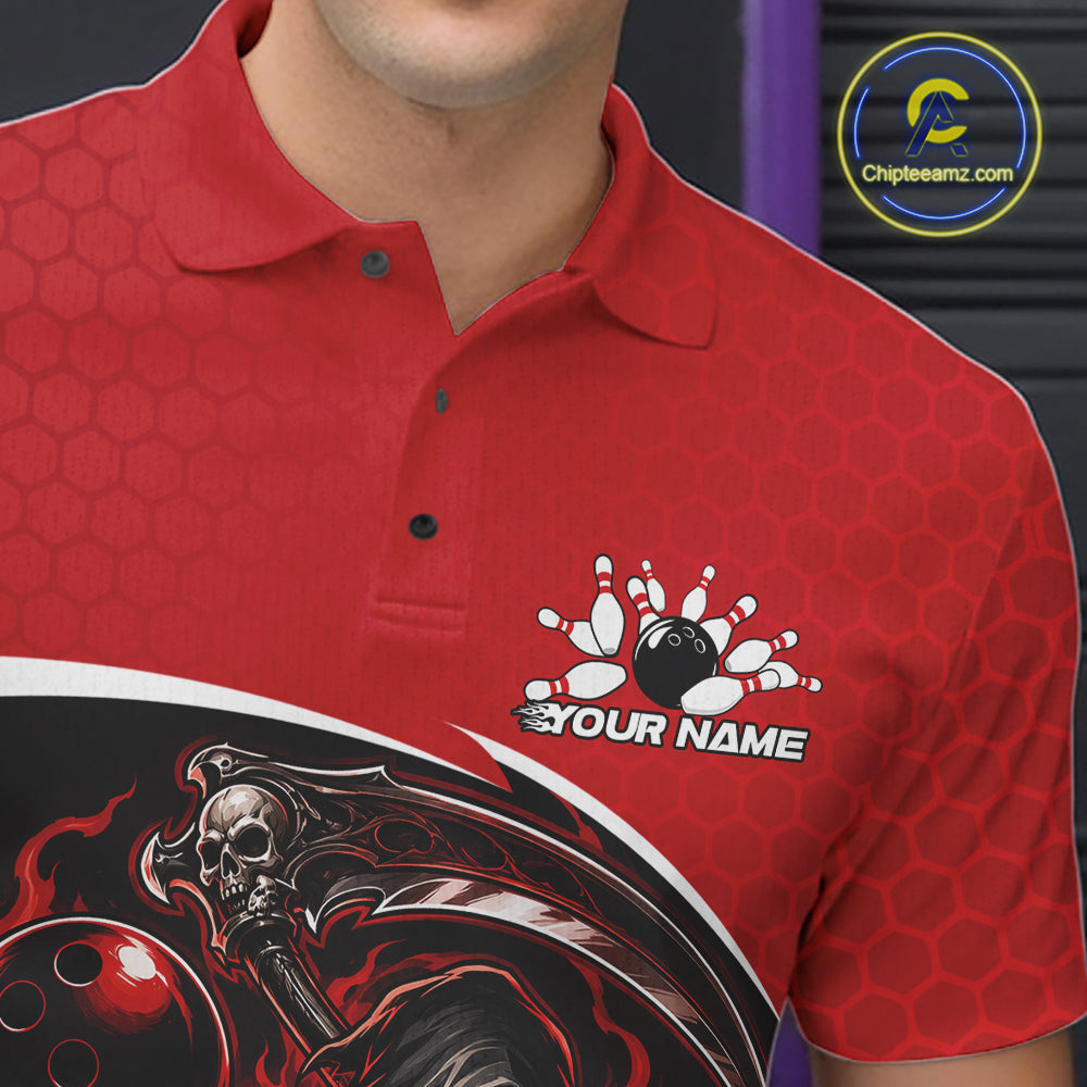 Custom Red Fire Flame Grim Reaper Skull Halloween Men Bowling Polo Shirt, Bowler Outfit IPHW11655