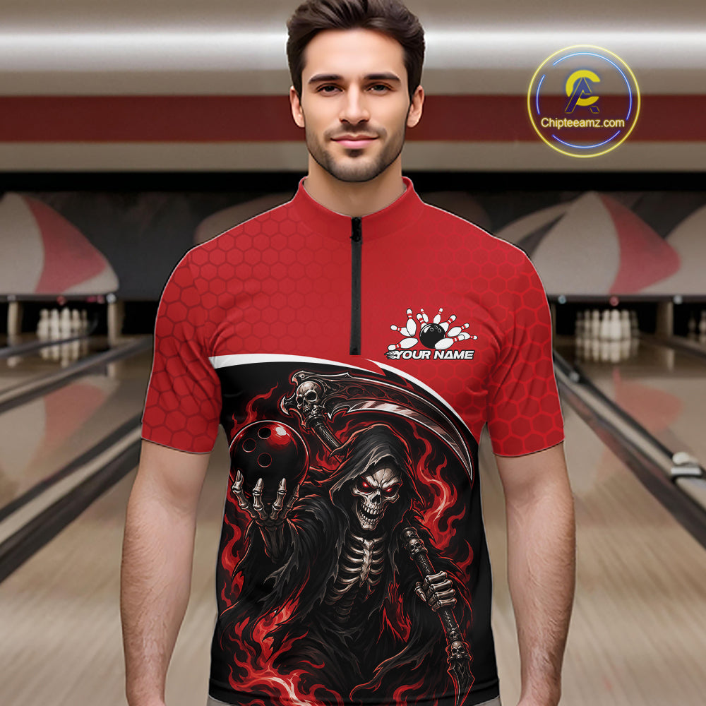 Custom Red Fire Flame Grim Reaper Skull Halloween Men Bowling Quarter Zip Shirt, Bowler Outfit IPHW11655