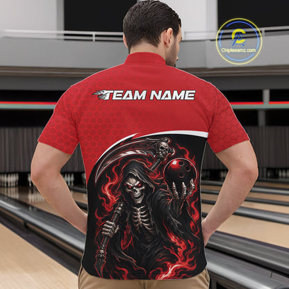 Custom Red Fire Flame Grim Reaper Skull Halloween Men Bowling Quarter Zip Shirt, Bowler Outfit IPHW11655