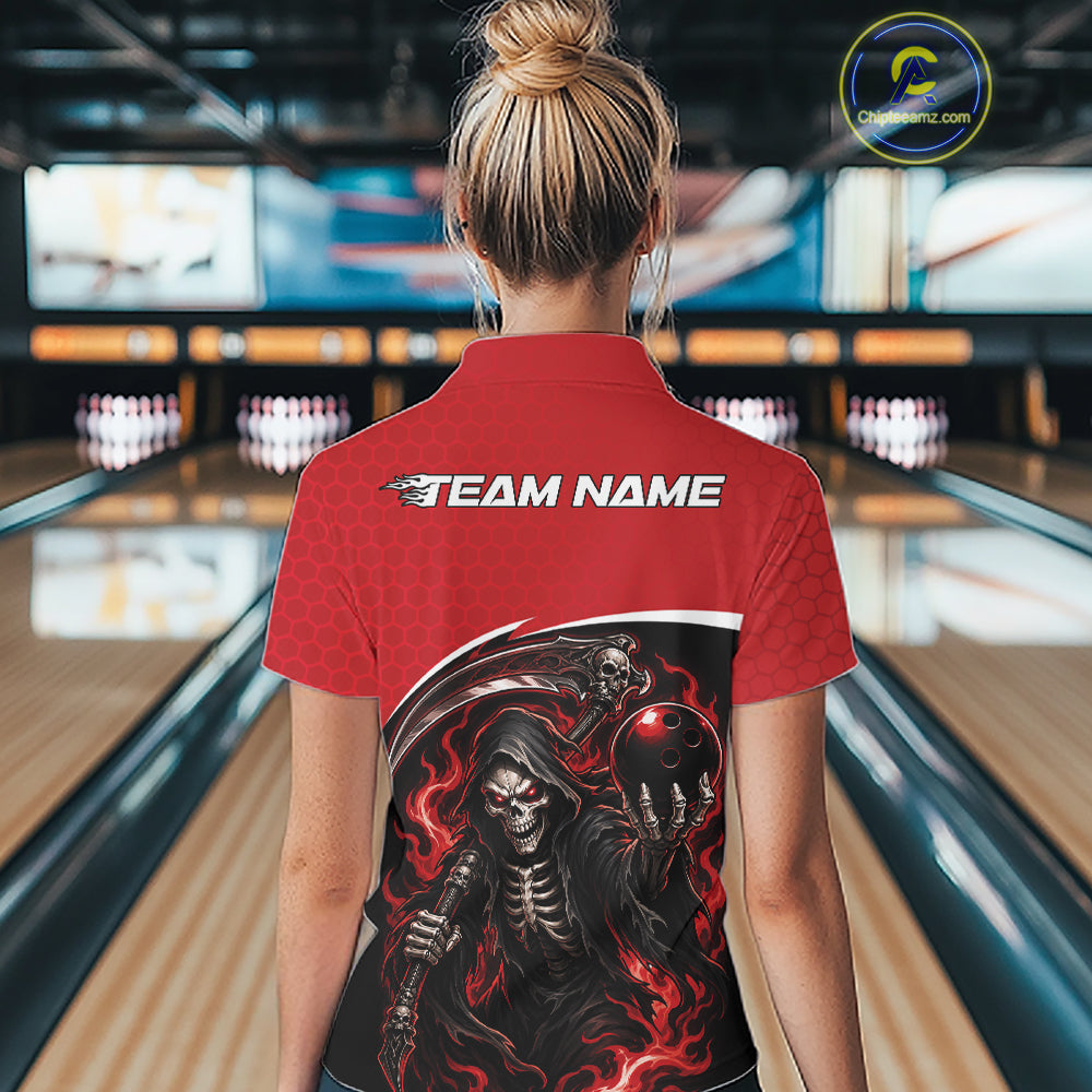 Custom Red Fire Flame Grim Reaper Skull Halloween Women Bowling Shirt, Bowler Outfit IPHW11655