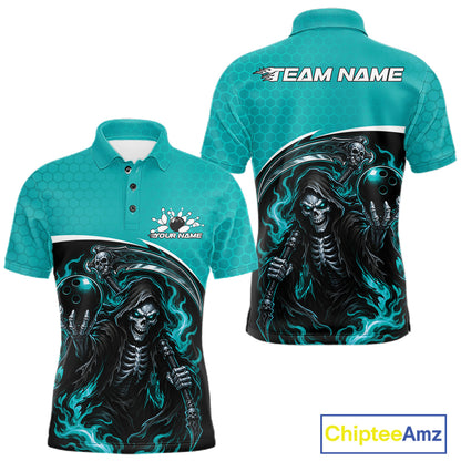Custom Teal Blue Fire Flame Grim Reaper Skull Halloween Men Bowling Polo Shirt IPHW11656