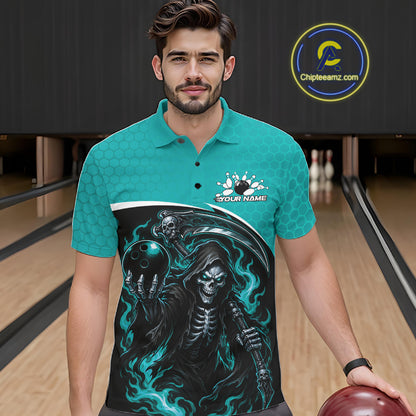 Custom Teal Blue Fire Flame Grim Reaper Skull Halloween Men Bowling Polo Shirt IPHW11656