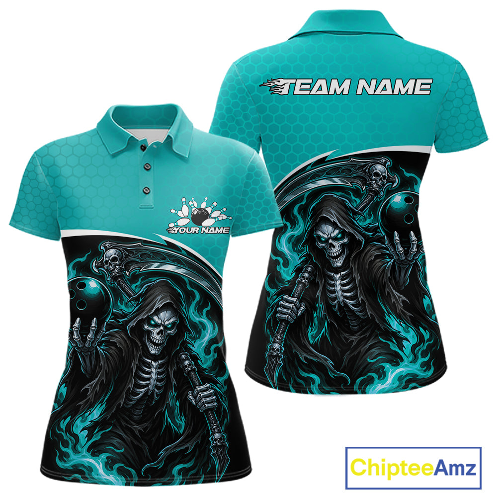 Custom Teal Blue Fire Flame Grim Reaper Skull Halloween Women Bowling Polo Shirt IPHW11656