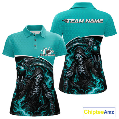Custom Teal Blue Fire Flame Grim Reaper Skull Halloween Women Bowling Polo Shirt IPHW11656