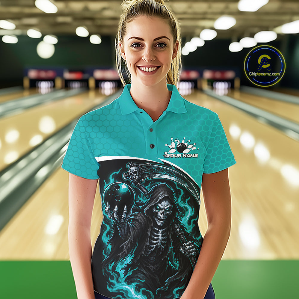 Custom Teal Blue Fire Flame Grim Reaper Skull Halloween Women Bowling Polo Shirt IPHW11656