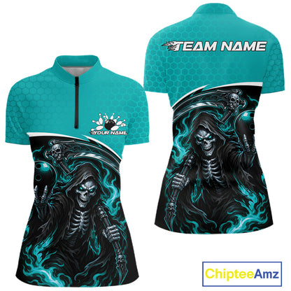 Custom Teal Blue Fire Flame Grim Reaper Skull Halloween Women Bowling Quarter-Zip Shirt IPHW11656