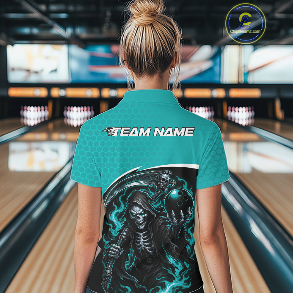 Custom Teal Blue Fire Flame Grim Reaper Skull Halloween Women Bowling Quarter-Zip Shirt IPHW11656