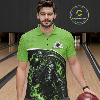Custom Green Fire Flame Grim Reaper Skull Halloween Men Bowling Polo Shirt, Bowler Outfit IPHW11657