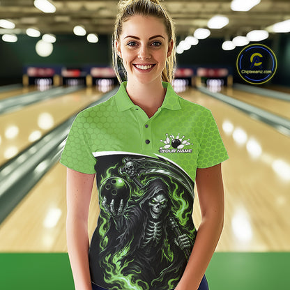 Custom Green Fire Flame Grim Reaper Skull Halloween Women Bowling Polo Shirt, Bowler Outfit IPHW11657