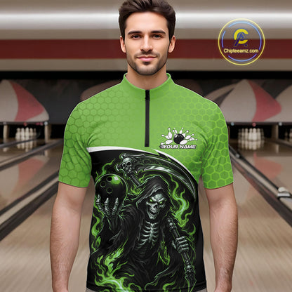 Custom Green Fire Flame Grim Reaper Skull Halloween Men Bowling Quarter Zip Shirt, Bowler Outfit IPHW11657