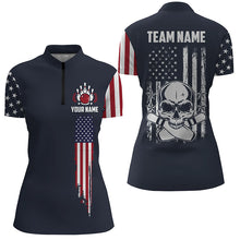 Load image into Gallery viewer, Personalized Skull Bowling Shirt For Women, Custom Team&#39;S Name American Flag Bowler Jersey IPHW5141