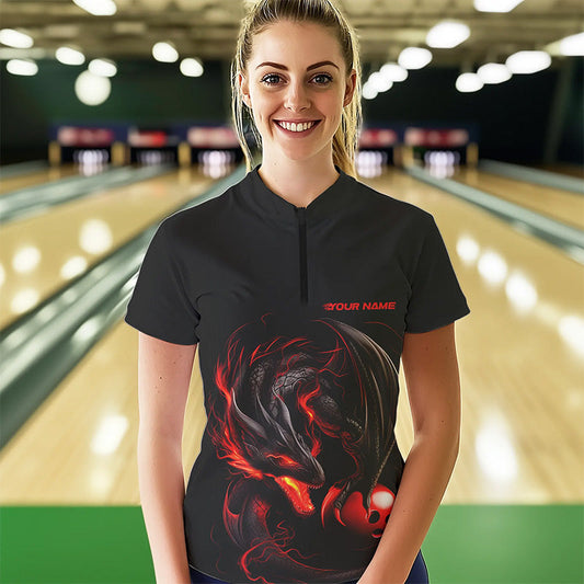 Custom Black And Red Dragon Bowling Womens Quarter-Zip Shirts, Dragon Bowling Team Shirt IPHW8418