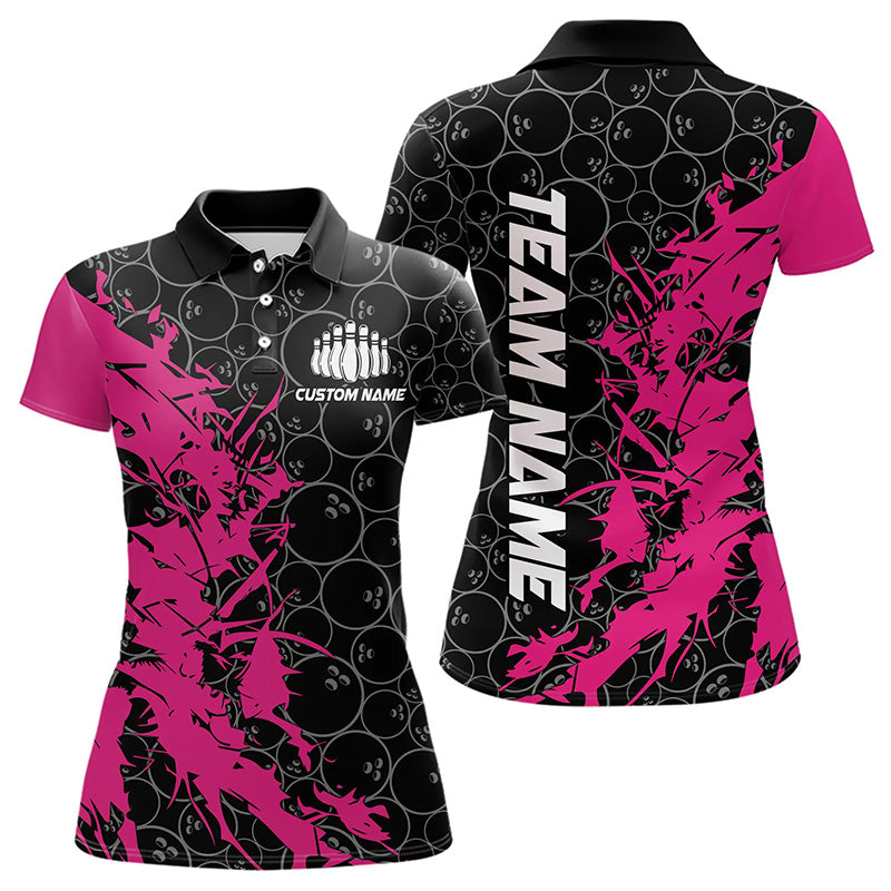 Black And Pink Custom Bowling Tournament Polo Shirts For Women, Bowling Pattern Team Jersey IPHW8422