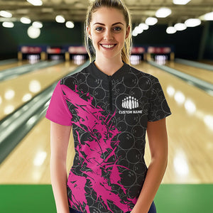 Black And Pink Custom Bowling Tournament Womens Quarter-Zip Shirts, Bowling Team Jerseys IPHW8422