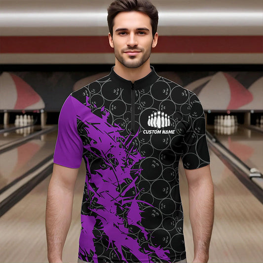Black And Purple Custom Bowling Tournament Quarter-Zip Shirts For Men, Bowling Pattern Team Jerseys IPHW8423