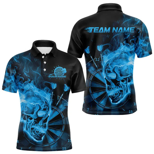 Custom Black And Blue Flame Skull Dart Polo Shirts For Men, Fire Dart Team Shirts IPHW8432