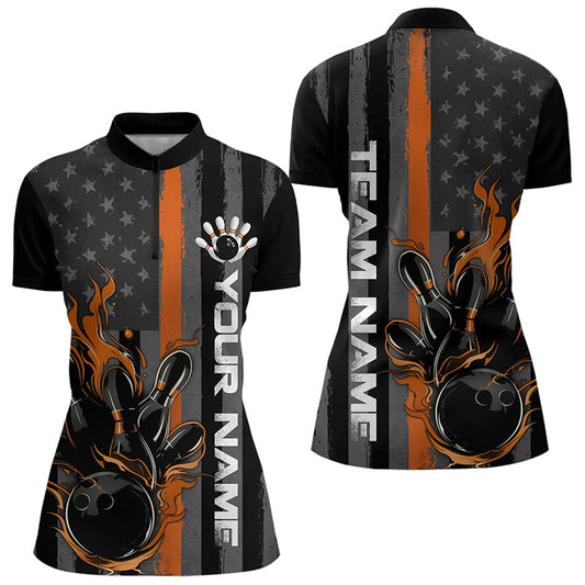 Orange Line American Flag Custom Patriotic US Flame Bowling Womens Quarter-Zip Shirts IPHW8635