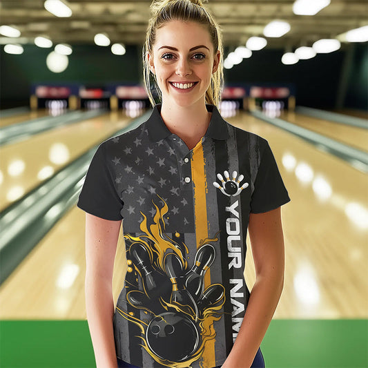 Yellow Line American Flag Custom Patriotic Flame Women Bowling Polo Shirt, US Bowling Shirt IPHW8636