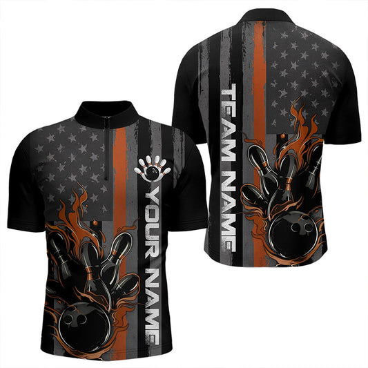 Brown Line American Flag Custom Patriotic Flame Bowling Quarter-Zip Shirts For Men, US Bowling Shirt IPHW8638