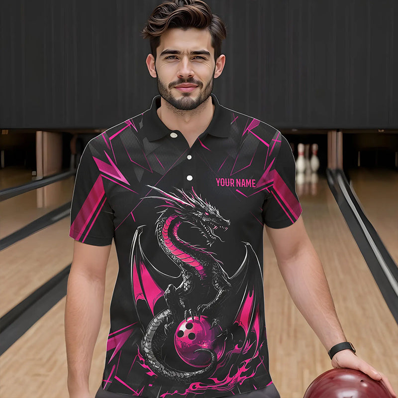 Custom Black And Pink Dragon Bowling Polo Shirts For Men, Dragon Bowling Team Uniform IPHW8640