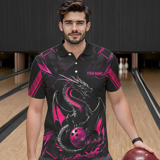 Custom Black And Pink Dragon Bowling Polo Shirts For Men, Dragon Bowling Team Uniform IPHW8640