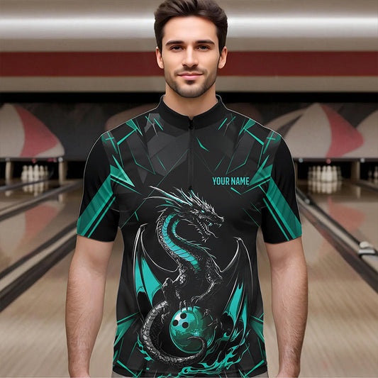 Custom Black And Turquoise Blue Dragon Bowling Quarter-Zip Shirts For Men, Bowling Team Uniform IPHW8642
