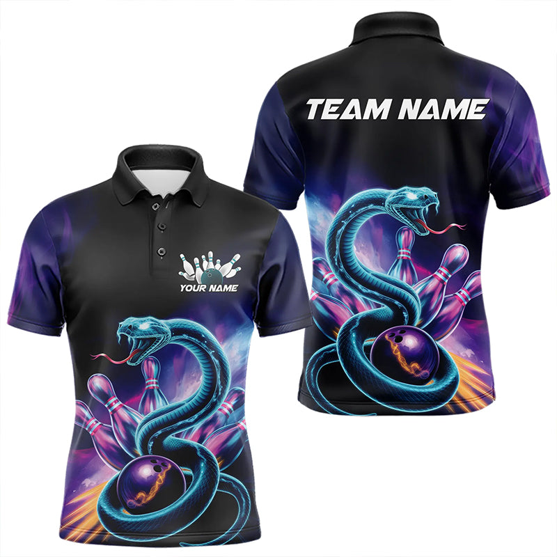 Custom Blue And Purple Galaxy Snake Bowling Polo Shirts For Men, Bowling League Team Uniform IPHW8646