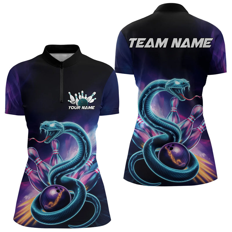 Custom Blue And Purple Galaxy Snake Bowling Womens Quarter-Zip Shirts, Bowling Team Uniform IPHW8646