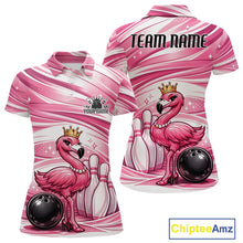 Load image into Gallery viewer, Front and back display of a pink women’s bowling polo shirt showcasing a crowned flamingo standing beside a bowling ball and bowling pins.