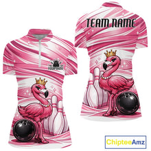 Load image into Gallery viewer, Front and back view of a pink women’s bowling quarter-zip shirt featuring a crowned flamingo standing beside a bowling ball and bowling pins.