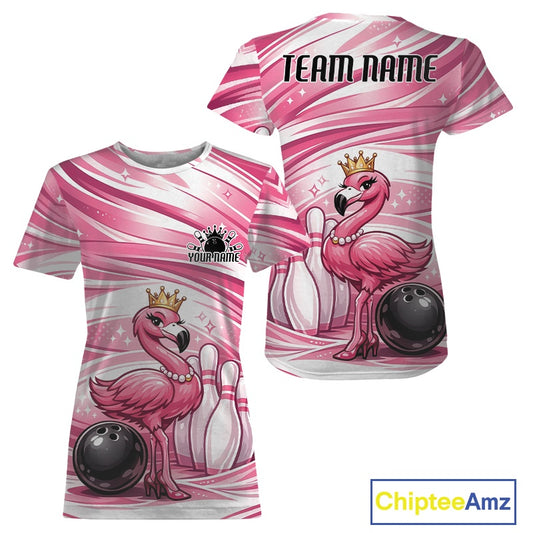 Front and back mockup of a pink women’s crewneck bowling T-shirt featuring a crowned flamingo standing beside a bowling ball and bowling pins.
