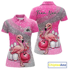 Load image into Gallery viewer, Front and back view of a pink women’s bowling polo shirt showcasing an elegant flamingo holding a cocktail beside a bowling ball.