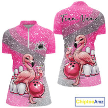 Load image into Gallery viewer, Front and back mockup of a pink women’s bowling quarter-zip shirt featuring an elegant flamingo holding a cocktail beside a bowling ball.