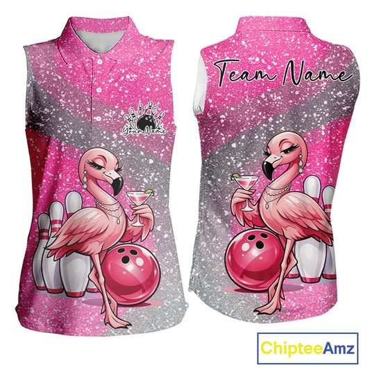 Pink women’s sleeveless bowling shirt shown from the front and back with an elegant flamingo holding a cocktail beside a bowling ball.