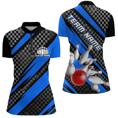 Splatter Pins Custom Bowling Team Shirts For Women, Bowling Tournament Shirt | Blue IPHW6472