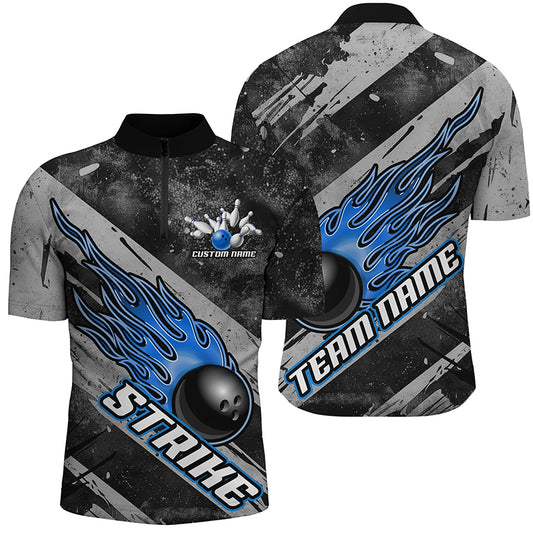Black And Blue Flame Bowling Ball Custom Team Shirts For Men And Women, Tournament Team Jerseys IPHW6479