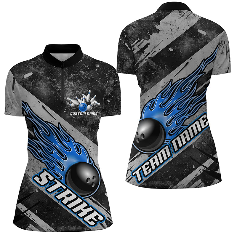 Black And Blue Flame Bowling Ball Custom Team Shirts For Women, Tournament Team Jerseys IPHW6479