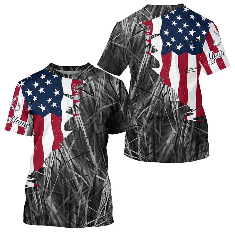 Custom Patriotic Camouflage Long Sleeve Fishing Shirts, Personalized Fishing Jerseys | Gray Camo IPHW6998