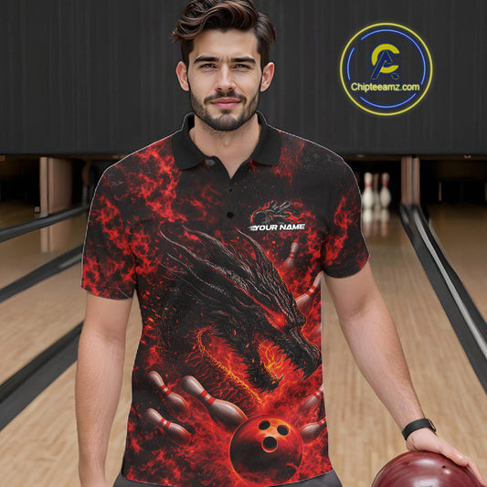Custom Black And Red Flame Dragon Bowling Men Polo Shirt, Dragon Bowling League Shirt IPHW10277