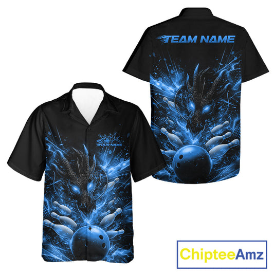 Custom Blue Fire Flame Dragon Bowling Jerseys. Dragon Bowling Men And Women Hawaiian Shirt IPHW10282