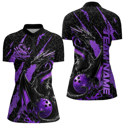 Custom Black And Purple Dragon Bowling Team Womens Quarter-Zip Shirt, Dragon Bowling Jersey IPHW8926