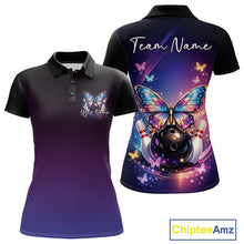 Load image into Gallery viewer, Front and back view of a colorful women’s bowling polo shirt featuring glowing butterflies on a bowling ball with fallen pins and cosmic accents.
