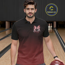 Load image into Gallery viewer, Male model wearing a red bowling polo shirt at the bowling lane with glowing butterfly graphics, a bowling ball, fallen pins, and cosmic accents.