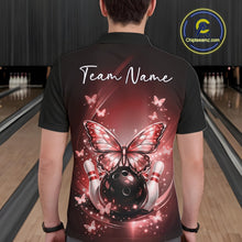 Load image into Gallery viewer, Back view of a male model in a red bowling polo shirt showcasing cosmic bowling artwork with glowing butterflies, a bowling ball, and scattered pins.