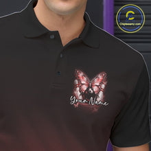 Load image into Gallery viewer, Close-up of the left chest on a red bowling polo shirt featuring glowing butterfly artwork with bowling-inspired cosmic details.