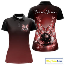 Load image into Gallery viewer, Front and back display of a red women’s bowling polo shirt featuring glowing butterflies on a bowling ball and fallen bowling pins.