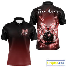 Load image into Gallery viewer, Front and back views of a red mens bowling polo shirt mockup featuring glowing butterflies around a bowling ball, fallen pins, and cosmic-themed artwork.
