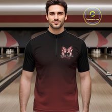Load image into Gallery viewer, Male model at a bowling lane wearing a red bowling quarter-zip shirt with glowing butterfly artwork and a cosmic bowling theme.