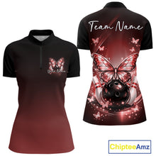 Load image into Gallery viewer, Front and back display of a red women’s bowling quarter-zip shirt featuring glowing butterflies on a bowling ball with fallen bowling pins.